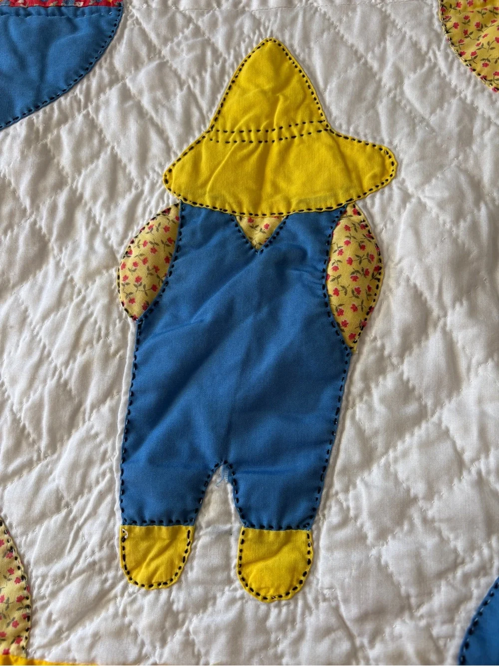 Vintage Quilt Sun Bonnet Sue Design, 83 x 137 inches. Yellow Blue Orange Green